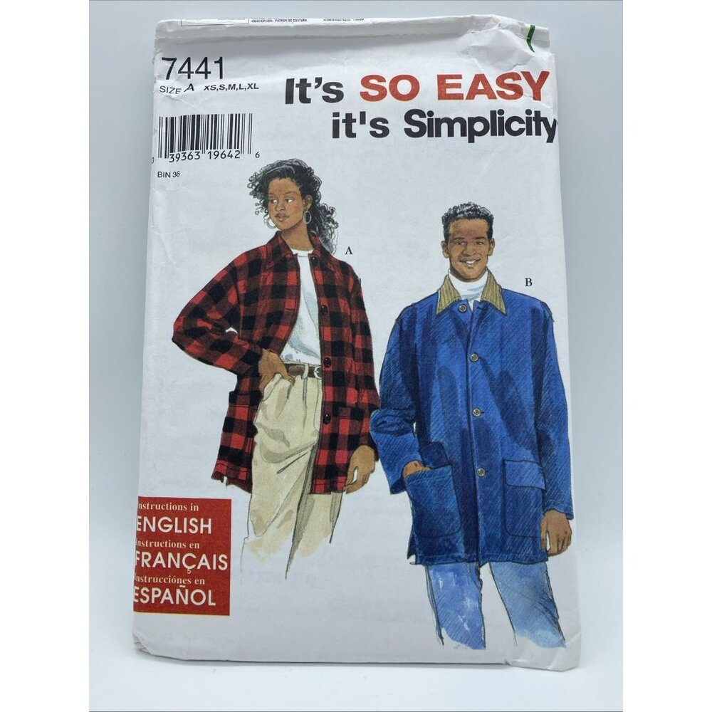 Simplicity 7441 Uncut Sewing Pattern Misses’, Men’s Teens’ Jacket or Coat XS-XL